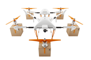 Drone with delivery box isolated on transparent background