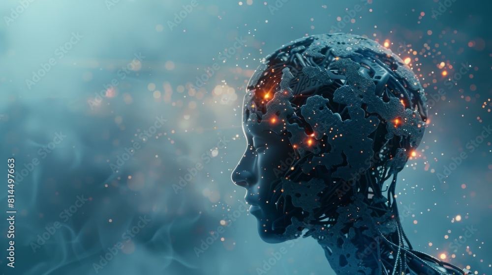 Poster a digital head profile with neural network connections alight, symbolizing ai and advanced computing