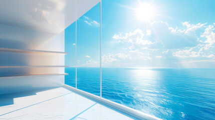 Fototapeta premium Empty room space with a large panoramic window overlooking the blue sea and empty shelves on the wall for products
