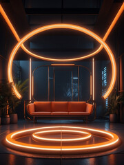 a realm of innovation and intrigue with this empty dark room bathed in vibrant orange neon light. sci-fi background