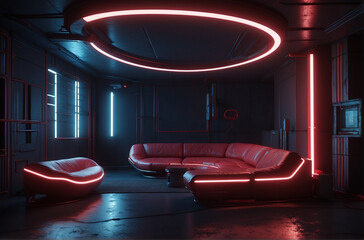 the depths of innovation with this empty dark room illuminated by a captivating red neon glow. sci-fi and futuristic