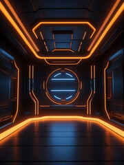 a realm of innovation and intrigue with this empty dark room bathed in vibrant orange neon light. sci-fi background
