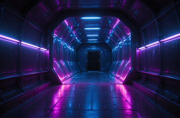 Empty dark hi tech hexagon tunnel with purple and blue neon, Modern Futuristic Sci Fi Background.