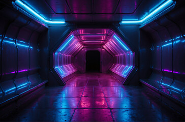 Empty dark hi tech hexagon tunnel with purple and blue neon, Modern Futuristic Sci Fi Background.