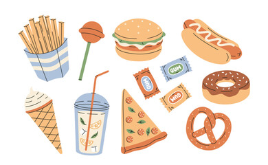 Fast food collection in retro colors. Snacks set on white background
