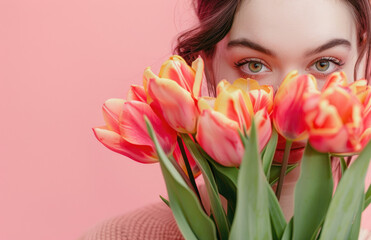 A woman hiding behind tulips with her eyes visible on the right side of the frame, holding pink and yellow flowers in front of her face against a pastel background