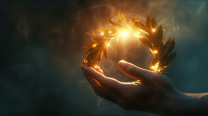 laurel wreath in hand