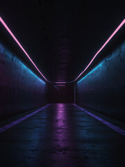 Empty dark triangle tunnel with purple and blue neon, Modern Futuristic Sci Fi Background.