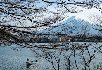 Fuji Mount view and fishing boat inLake kawaguchiko Japan in Spring