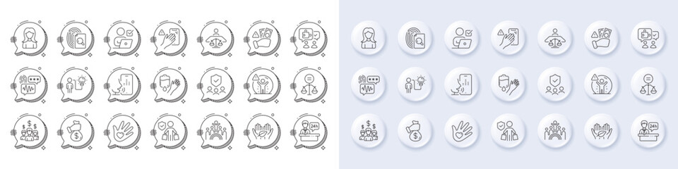 Blood, Reception desk and Fraud line icons. White pin 3d buttons, chat bubbles icons. Pack of Buyer insurance, Online voting, Court judge icon. Vector