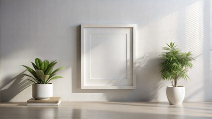 Minimalist White Wall Frame Mockup: A simple white wall with a frame mockup placed centrally, showcasing a minimalist aesthetic perfect for showcasing artwork or photography.	
