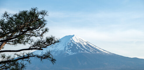 Fuji Mountain in Japan, snow capped peak in Spring, blue clear sky
