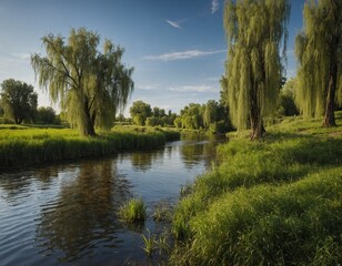 Fototapeta na wymiar Enjoy the peacefulness of a countryside riverbank lined with willow trees.