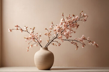 Blossom branch in clay vase near beige stucco wall background. Interior design of modern living room with space for text. Minimal composition