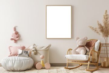 Mock-up frame in children's room with Farmhouse style wooden furniture