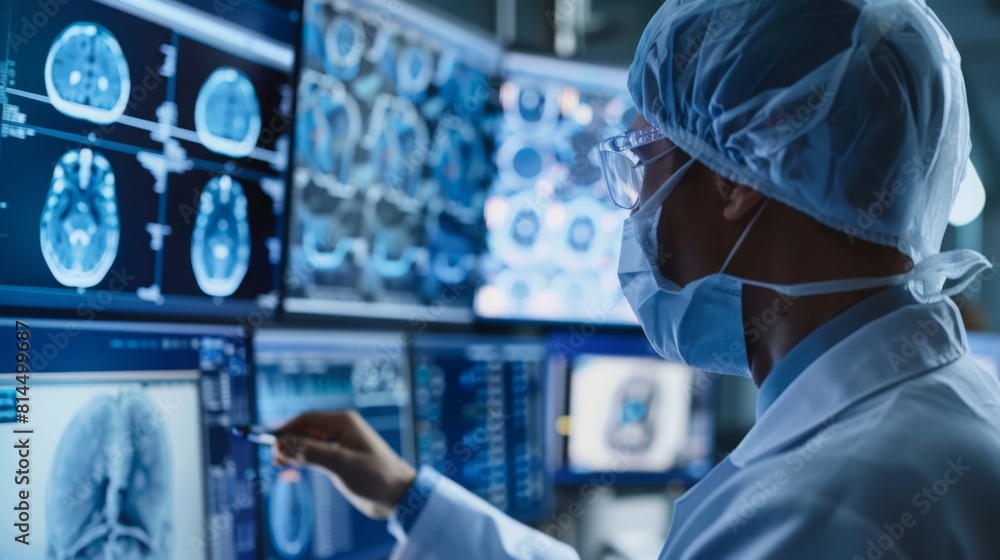 Poster a man in a white lab coat is focused on studying data displayed on a computer screen in a laboratory