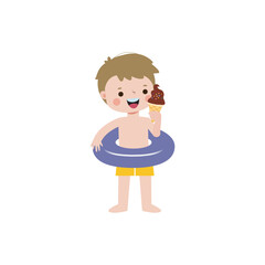 Cute kid wearing float ring and eating ice cream in Pool party, cartoon character flat style vector illustration on white background