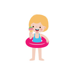 Cute kid wearing float ring and eating ice cream in Pool party, cartoon character flat style vector illustration on white background