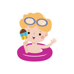 Cute kid wearing float ring and eating ice cream in Pool party, cartoon character flat style vector illustration on white background