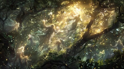 Elemental spirits dance amidst foliage forms shift with breeze wallpaper