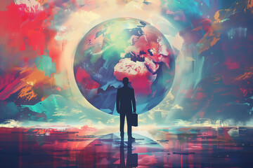 Homme d'affaires avec un costume et un attaché-case déterminé à conquérir le monde devant une planète Terre colorée