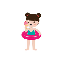 Cute kid wearing float ring and eating ice cream in Pool party, cartoon character flat style vector illustration on white background