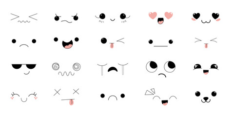 Kawaii Style Faces manga anime emotions, comic expressions, cute eyes collection isolated on white background. Doodle smiley mood design elements, 
