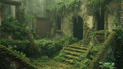 Ancient ruins overgrown with moss and ivy walls crumble wallpaper