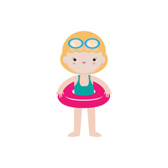 Cute kid wearing swimsuit with float ring on the beach, cartoon character flat style vector illustration on white background