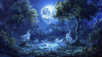 Mythical creatures dance in moonlit clearing laughter echoes through trees wallpaper