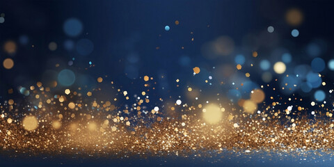 Gold sparkle splatter border . Gold Foil Frame Gold blue and gold banner celebrations brush stroke on blue background.