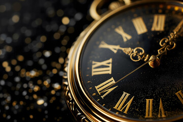 Luxurious golden clock with Roman numerals against a sparkling bokeh background, highlighting celebration and elegance