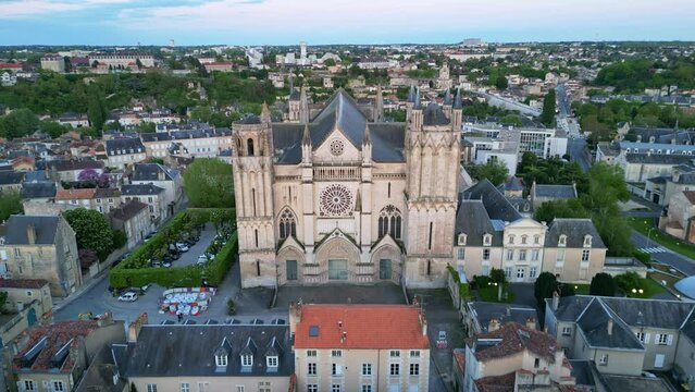 Cathedral of Saint Peter or Pierre in Poitiers city, France. Aerial forward