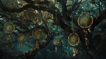 Naklejka premium Dreamcatchers hang from ancient tree limbs intricate weavings capture nightmares turn them into dreams wallpaper