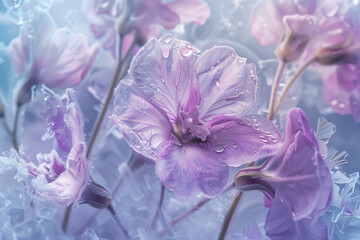 fleurs violettes délicates avec de la rosée dessus sur un fond d'eau bleue givrée. Background floral
