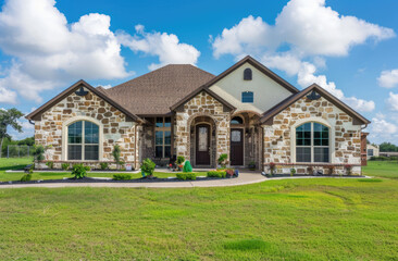 beautiful home located in san anot flags, texas is for sale with a flat front yard and low speed street on the left side of house, arched doorways, stone accents, tan stucco walls, green grass