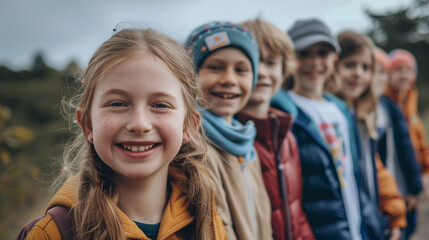 Happy Children Lined Up for Outdoor Activity.