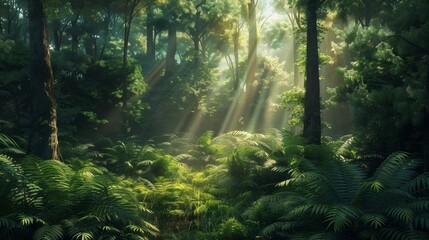 Fototapeta premium Soft diffused light filters through delicate foliage canopy casting shadows wallpaper