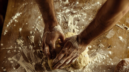 Hands Kneading Dough on a Flour-Covered Surface