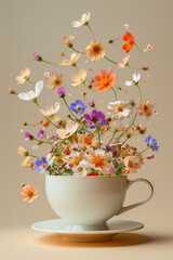 Serene Teacup Garden with Floating Colorful Flowers