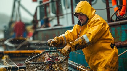 Lobster Fisherman: A lobster fisherman wearing a bright rain jacket pulls up a trap