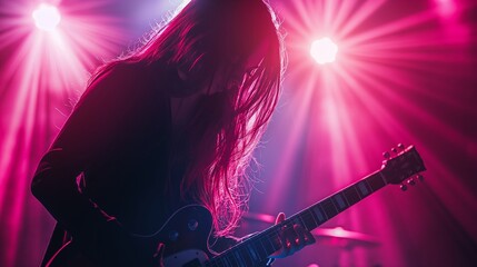 Obraz premium A person playing a guitar with a vibrant pink hue, set against a stage with purple and red