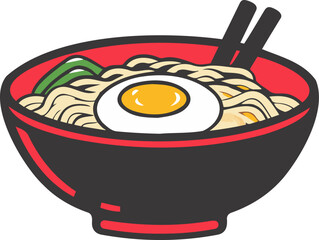 Red and Black Ramen Bowl with Egg and Vegetables