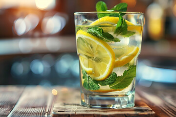Close up of summer drink with lemon and mint served on wooden table