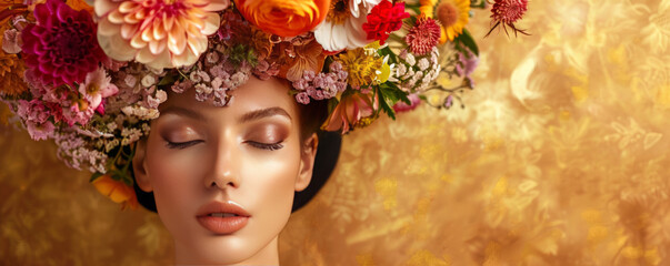 A captivating close-up of a female model with a sumptuous floral hat