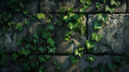 Delicate ivy creeping over weathered stone adding life wallpaper
