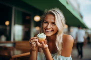 Joyful Woman with Cupcake in Cozy Cafe