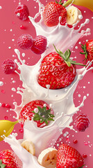 Fruit Explosion in Milk Splash on Pink Background