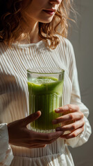 Curly-Haired Woman Holding Celery Smoothie