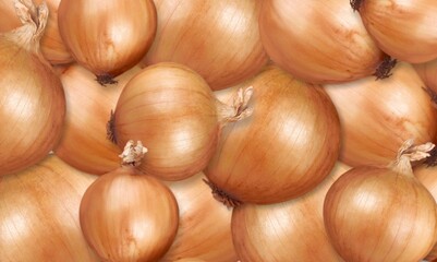 lot of fresh big onions with peel in grocery.